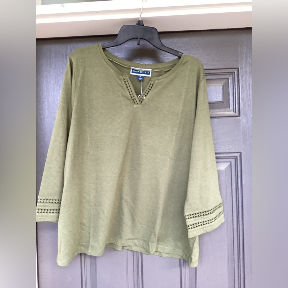 Karen Scott 3/4 Sleeve Top, Lace Look Collar & Sleeved. Size XL, Oliver Green